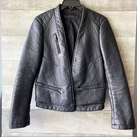 faux leather open front jacket